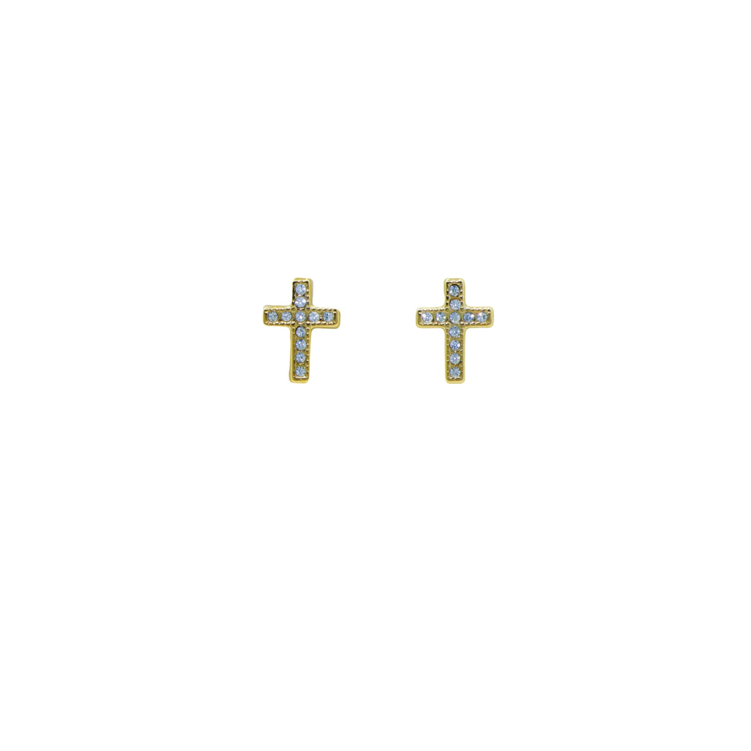  Vergoldete kleine Kreuz Ohrstecker aus Edelstahl, besetzt mit Zirkonia-Steinen.