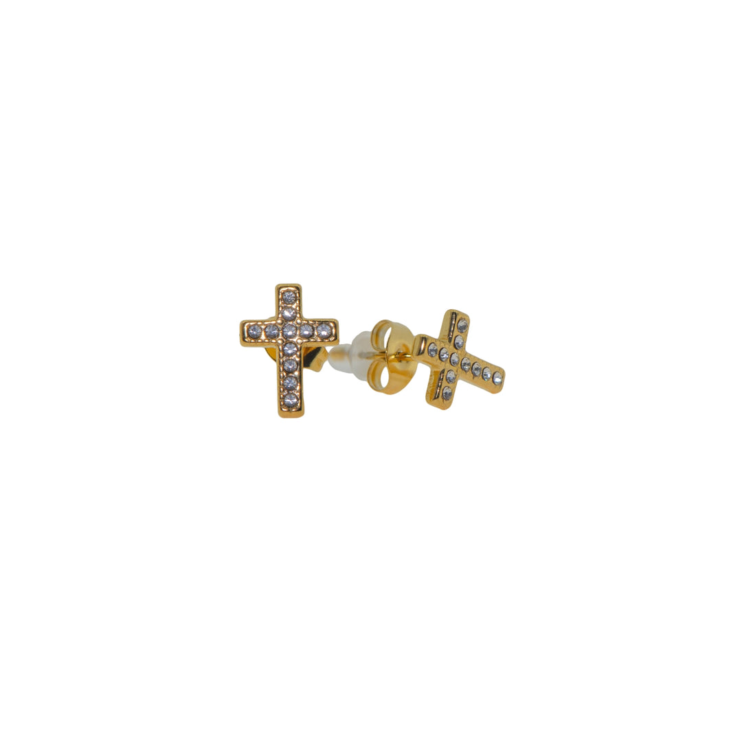  Vergoldete kleine Kreuz Ohrstecker aus Edelstahl, besetzt mit Zirkonia-Steinen.
